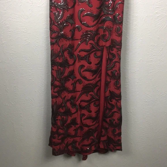 Marina Maroon & Black Sequin Strapless Sequin Gown